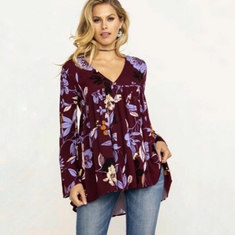 FREE PEOPLE Bella Floral Print Tunic Top Mini Dress Wine Size Small
